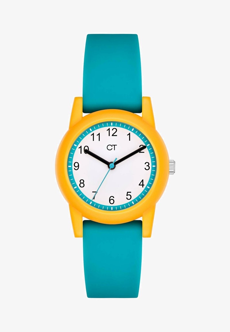 Gelbe Kunststoffuhr mit einem weißen Zifferblatt, schwarzen Stundenmarkierungen und einem türkisfarbenen Silikonarmband. Verfügt über ein einfaches Quarzbewegungsdesign.