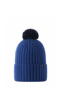 Blue knitted beanie with vertical ribbing, featuring a round dark pom-pom on top and a small black brand tag on the cuff.