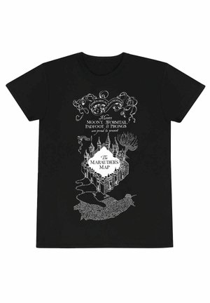 T-shirt nera con una grafica bianca di un castello e testo, che illustra "La Mappa dei Malandrini" con dettagli e motivi intricati.