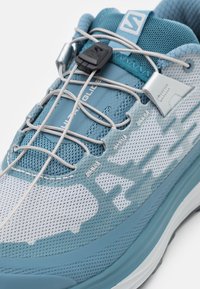 Scarpa da corsa leggera in azzurro e grigio. Presenta una tomaia in mesh traspirante, un sistema di allacciatura sicuro e accenti decorativi a motivi sul lato.