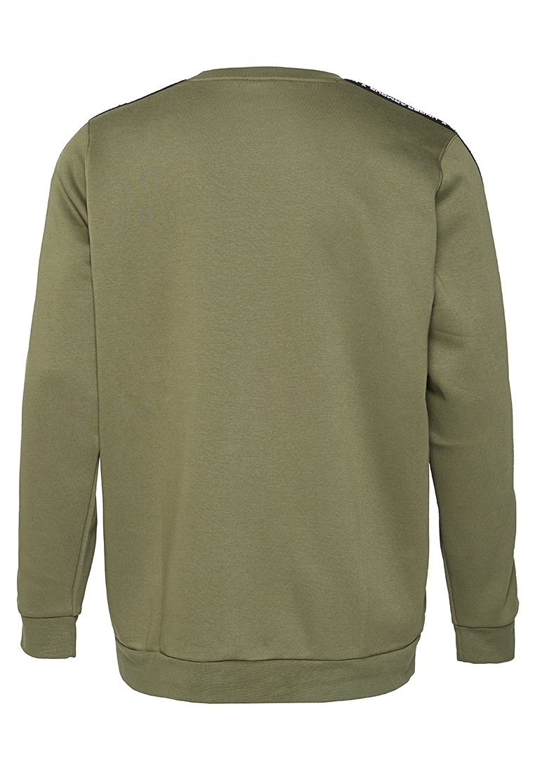 Olijfgroene sweatshirt met lange mouwen en geribde manchetten en zoom, gezien vanuit de achterkant, eenvoudige uitstraling zonder zichtbare logo's.