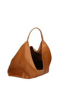 Borsa tote in pelle di un caldo marrone, con un'ampia apertura e due morbidi manici. Superficie testurizzata con un interno spazioso.
