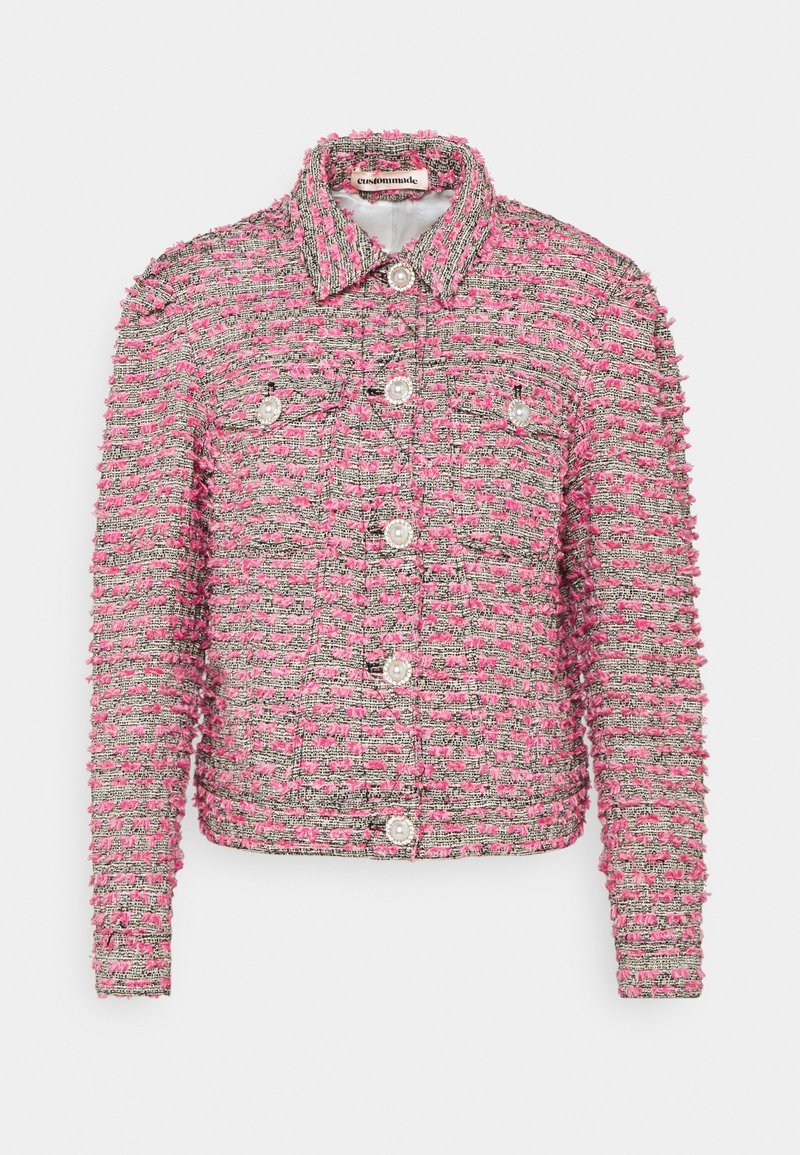 Pink and gray tweed jacket with a textured finish, featuring a collared neckline, button-front closure, and two chest pockets with decorative buttons.