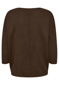 Pull en maille marron à manches longues, épaules tombantes et couture verticale centrale dans le dos.