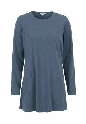 Blaue Langarm-Tunika aus weichem Stoff, mit Rundhalsausschnitt und zwei Seitentaschen. Sanfte Textur mit lockerer Passform.