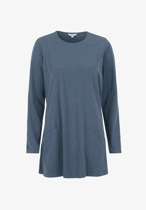 Sininen pitkähihainen tunika pehmeästä kankaasta, jossa on pyöreä pääntie ja kaksi sivutaskua. Silkkinen tekstuuri ja rento istuvuus.