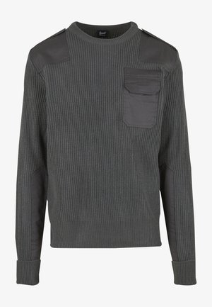 Dark gray sweater with ribbed texture, smooth fabric accents on shoulders and pocket, crew neck, and fitted cuffs.