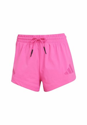 Pink athletic shorts with an elastic waistband, adjustable drawstring, and Adidas logo on the left side. Smooth fabric, short cut.