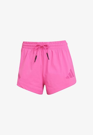 Pantaloni sportivi rosa con vita elasticizzata, coulisse regolabile e logo Adidas sul lato sinistro. Tessuto liscio, taglio corto.