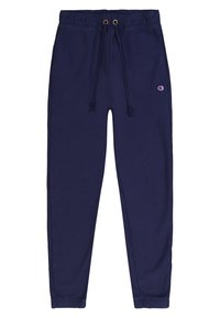 Navy blue cotton sweatpants with an elastic waist, drawstring, and cuffed ankles; features a small logo on the left thigh.