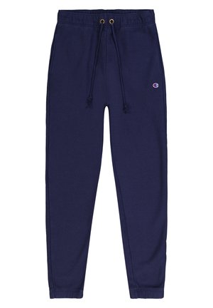 Pantaloni sportivi in cotone blu navy con vita elastica, coulisse e caviglie a costine; presenta un piccolo logo sulla coscia sinistra.
