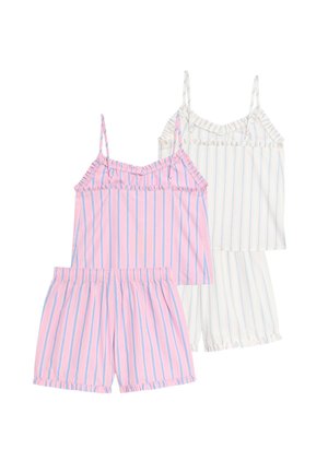 Dos conjuntos de pijamas a rayas con volante, uno rosa con rayas azules y otro blanco con rayas azul claro, cada uno incluye un top sin mangas y pantalones cortos.