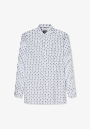 Weißes langärmeliges Hemd mit Knöpfen, mit einem kleinen Muster aus blauen Tennisschlägern und klassischem Kragen.