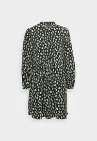 Vestido preto com mangas longas e cintura franzida, apresentando um padrão de estampado de leopardos em verde e creme. Tecido suave, design até ao joelho.