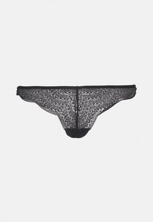 Svart blonde truse med intrikate blomster mønster, bølgende kanter og en gjennomsiktig tekstur, med et minimalistisk bakdesign.