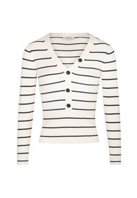 Maglione corto a maniche lunghe a coste crema con strisce orizzontali nere e scollo a V, caratterizzato da quattro grandi bottoni scuri sul davanti.
