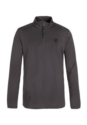 Suéter gris de manga larga con cuello de media cremallera. Presenta un logo sutil en el pecho y una tela suave y elástica.