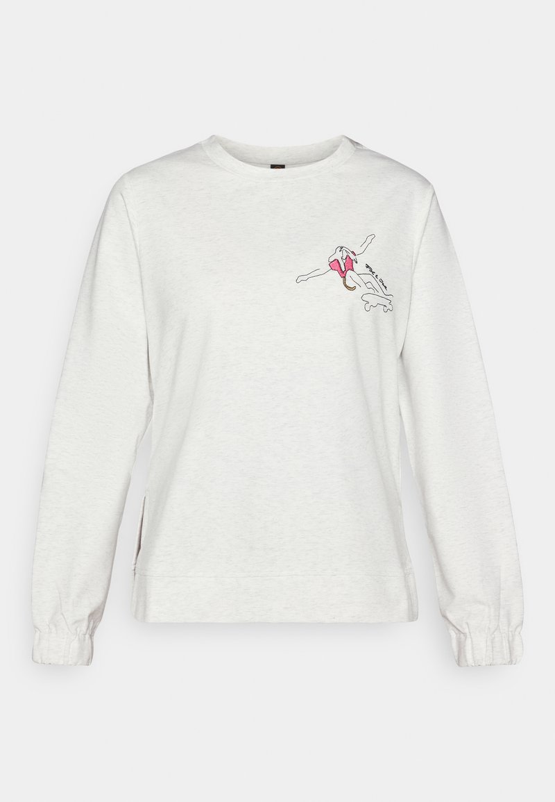 Hellgraues Sweatshirt mit langen Ärmeln, Rundhalsausschnitt und elastischen Bündchen. Auf der linken Brust ist ein buntes gesticktes Motiv angebracht.