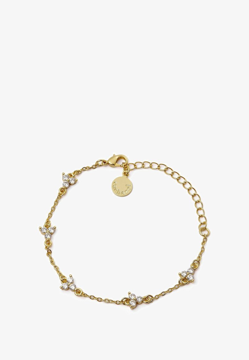 Zlatý náramek s řetízkem má čtyři dekorativní prvky s čirými kameny. Obsahuje karabinkový uzávěr a nastavitelné zapínání s visačkou.