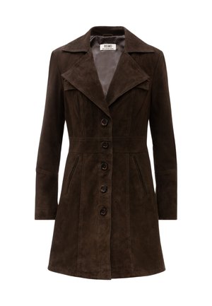 Brown suede coat with a notched collar, front buttons, and side pockets. Features a fitted silhouette and smooth texture.