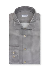Camicia da uomo con motivo a quadri marrone e bianco, caratterizzata da un colletto classico, chiusura frontale con bottoni e una tasca sul petto con bottoni dorati.