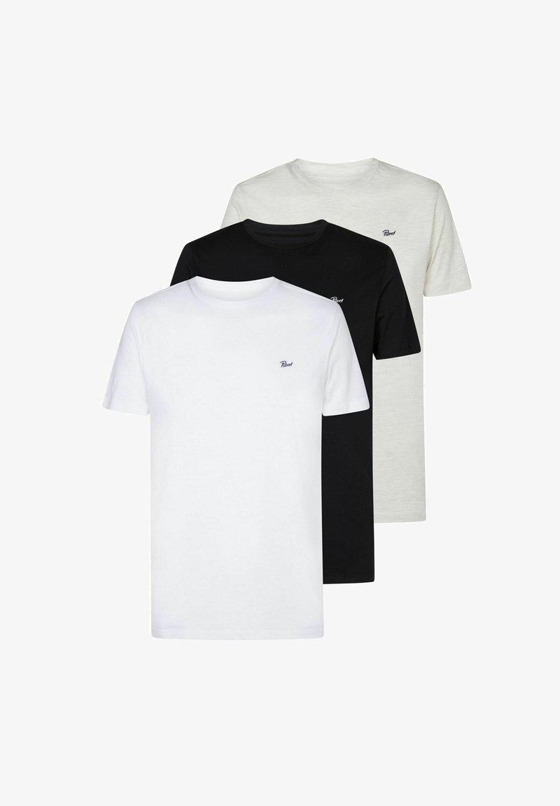 Tři trička s kulatým výstřihem: bílé, černé a světle šedé. Vyrobena z měkké tkaniny s přiléhavým střihem a malým logem na hrudi.