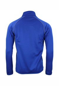 Pullover blu a maniche lunghe con colletto alto. Tessuto liscio, cuciture piatte e forma aderente. Nessun logo o motivo visibile.