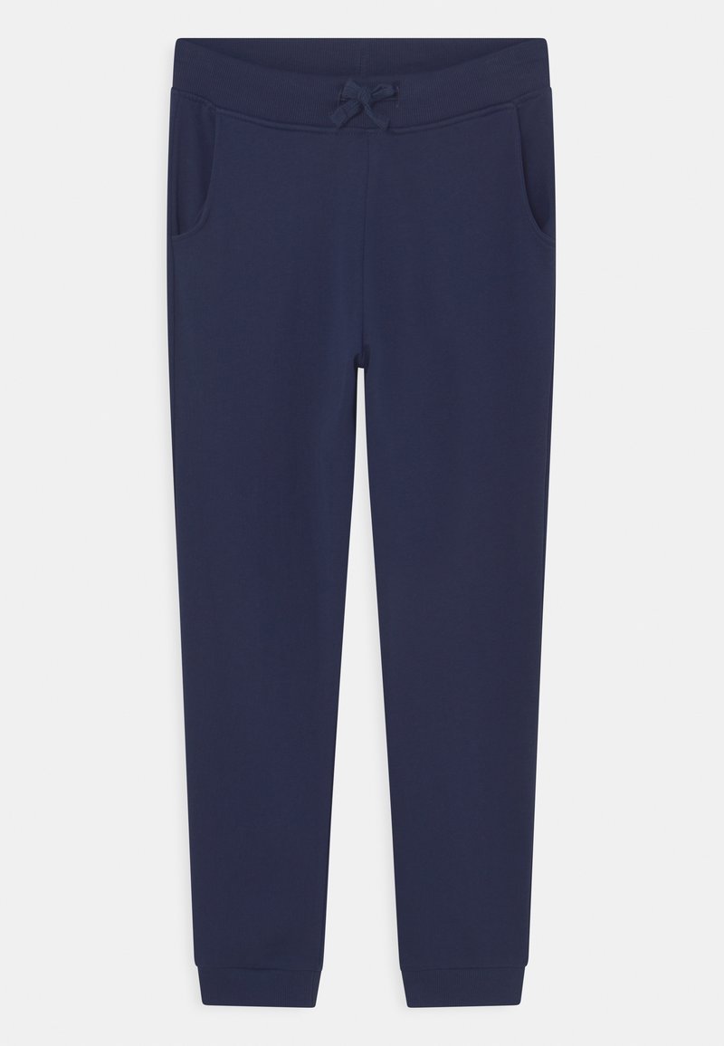 Granatowe dresy wykonane z miękkiego materiału, z elastycznym paskiem w talii ze sznurkiem, bocznymi kieszeniami i dopasowanymi mankietami.