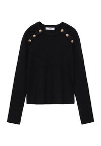 Pull en maille noire avec détails côtelés aux épaules et accents de boutons dorés. Manches longues avec une coupe raccourcie. Texture douce.