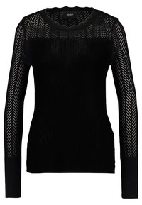 Czarny, długi rękaw, dzianinowy top z wzorem chevron na rękawach i górnej części klatki piersiowej, prążkowanej talii i okrągłym dekoltem.