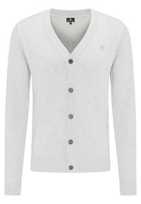 Cardigan grigio chiaro con scollo a V, chiusura a cinque bottoni, polsini e orlo a coste, con un piccolo logo sul petto.