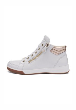 White high-top sneaker made of leather with gold accents, featuring a side zipper, round toe, and a rubber sole with a tan edge.