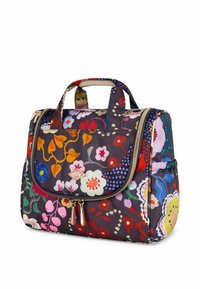 Bloemenlunchtas met een donkere achtergrond, voorzien van meerkleurige bloemen, twee hengsels en een ritssluiting. Merkenlogo op de voorkant.