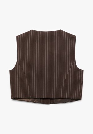Bruin streepvormig vest met een gestructureerd ontwerp, kenmerkend door een gladde textuur en schuine zijnaden. De achterkant toont strakke randen en moderne lijnen.