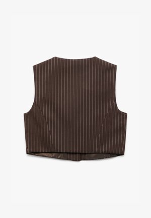 Bruin streepvormig vest met een gestructureerd ontwerp, kenmerkend door een gladde textuur en schuine zijnaden. De achterkant toont strakke randen en moderne lijnen.