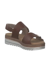 Brown leather sandal with two front straps, an adjustable back strap, and a chunky white sole featuring textured tread. Gold accent detailing.