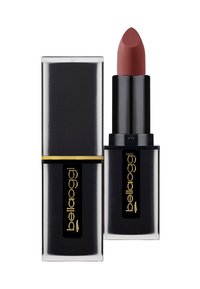 Rossetto in un elegante astuccio nero con dettagli dorati. Presenta una punta arrotondata e un colore marrone rosato opaco. Il packaging è rettangolare e compatto.