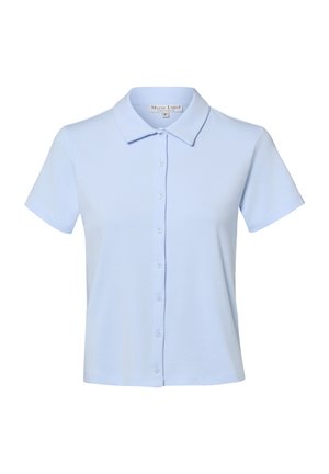 Light blue short-sleeve button-up shirt with pointed collar, slim fit, and smooth fabric, displayed on a white background.