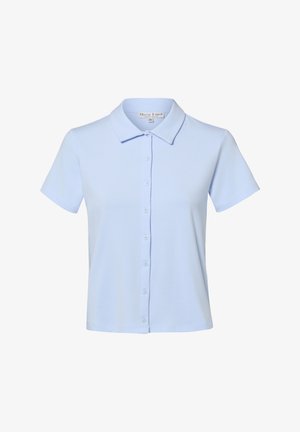 Light blue short-sleeve button-up shirt with pointed collar, slim fit, and smooth fabric, displayed on a white background.