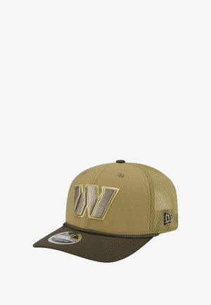 Khaki baseball cap with a structured crown, embroidered "W" in cream and tan, and mesh back panel. Features a curved brim and logoed accent.