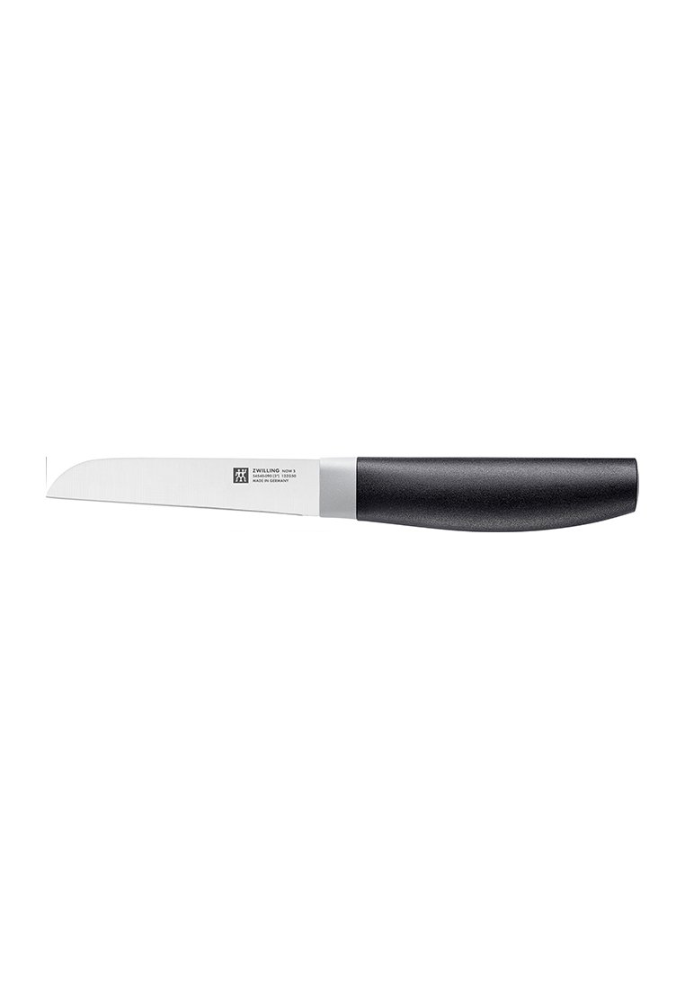 Cuchillo de acero inoxidable con una hoja delgada y recta y un mango de plástico negro. La hoja es lisa con un borde afilado, etiquetada cerca del mango.