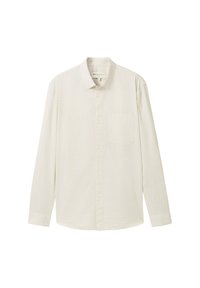 Langarmhemd in hellcreme Farbe, gewebte Textur, Button-Down-Kragen, eine Brusttasche, dezentes Gittermuster und gerader Saum.
