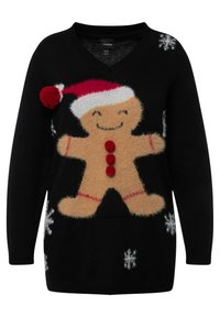 Zwarte gebreide trui met een V-hals, voorzien van een fluffy gingerbread man ontwerp, een rode pompon hoed, rode knopen en witte sneeuwvlokken.