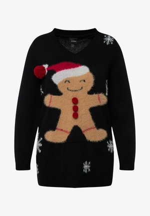 Czarny sweter dziergany w kształcie litery V, z puszystym wzorem piernikowego ludzika, czerwoną czapką z pomponem, czerwonymi guziczkami i białymi płatkami śniegu.