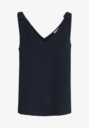 Haut sans manches pour femme, bleu marine foncé, avec un décolleté en V et des pattes d'épaule, sur fond blanc.