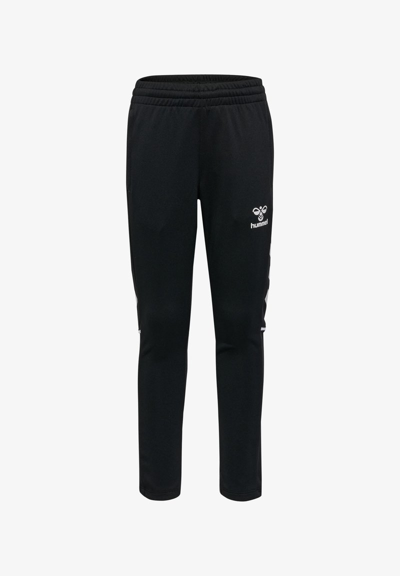 Pantaloni sportivi neri con cinturino elastico in vita, gambe rastremate, tasche laterali e logo Hummel bianco sulla coscia destra.