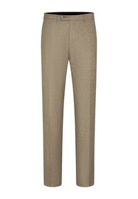 Beige maßgeschneiderte Hose aus strukturiertem Stoff mit glatter Oberfläche, schmaler Passform und einem einzelnen Knopfverschluss am Bund.
