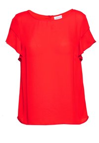 Blusa rossa a maniche corte con una vestibilità ampia, caratterizzata da un collo rotondo e un leggero lucido. Chiusura posteriore con dettaglio a occhiello. Tessuto leggero.