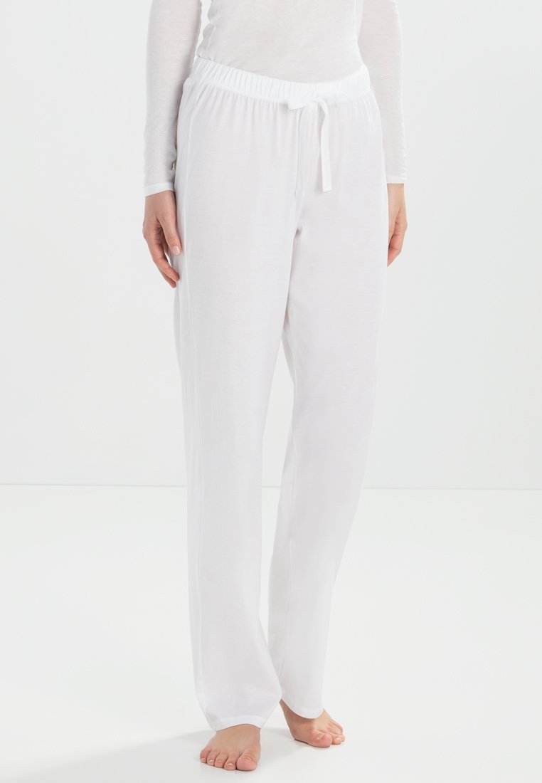 Witte, lichtgewicht loungebroeken met een elastische tailleband en een trekkoord. Gladde textuur, recht model, zonder zichtbare patronen of accenten.