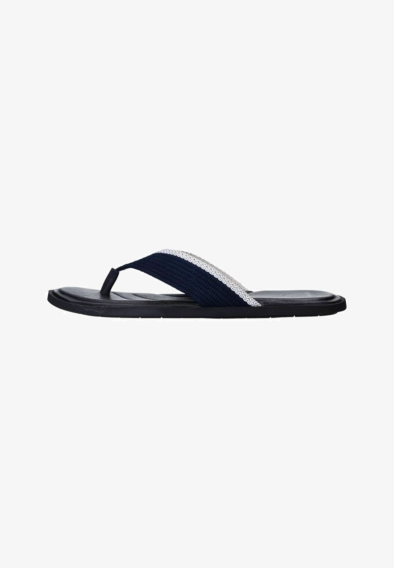 Navy flip-flop sandal with a textured strap featuring a white woven accent, rubber outsole, and smooth footbed.